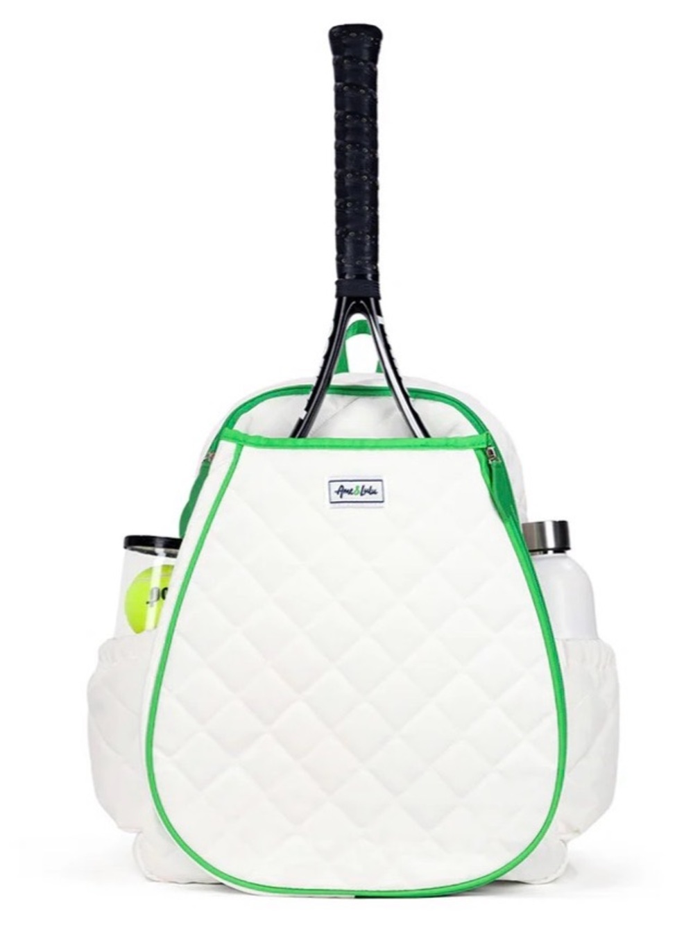 White Quilted Ame & Lulu Tennis Backpack with Green Trim